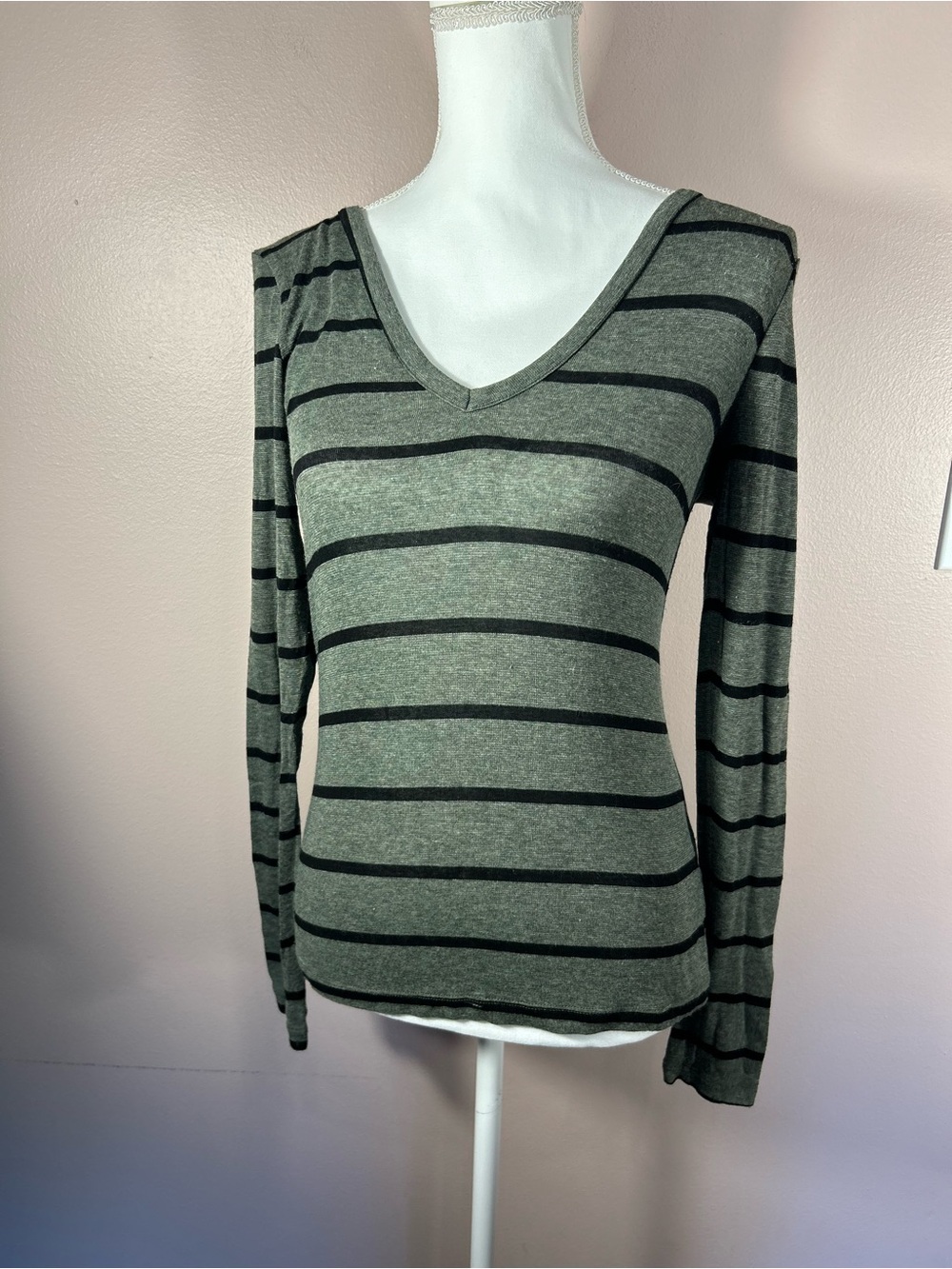 Splendid Olive Green and Black Striped V-Neck Long Sleeve Top